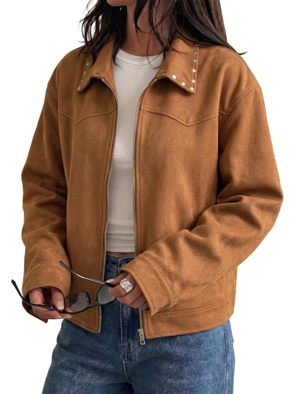 Women’s Camel Long Sleeve Faux Suede Studded Zipper Fall Coat Cropped Jacket